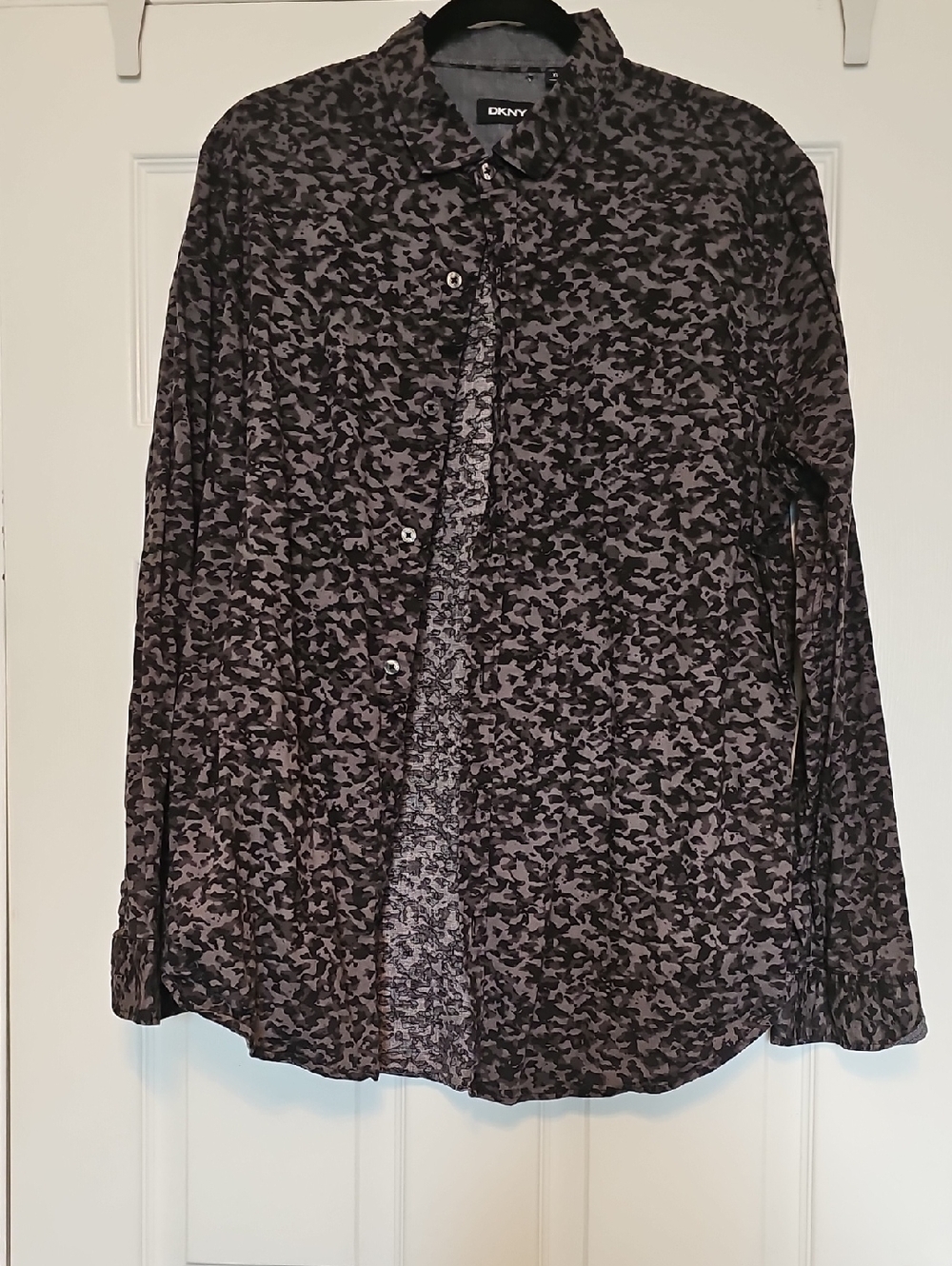 DKNY Black and Gray Camouflage-Style Button-Down Shirt